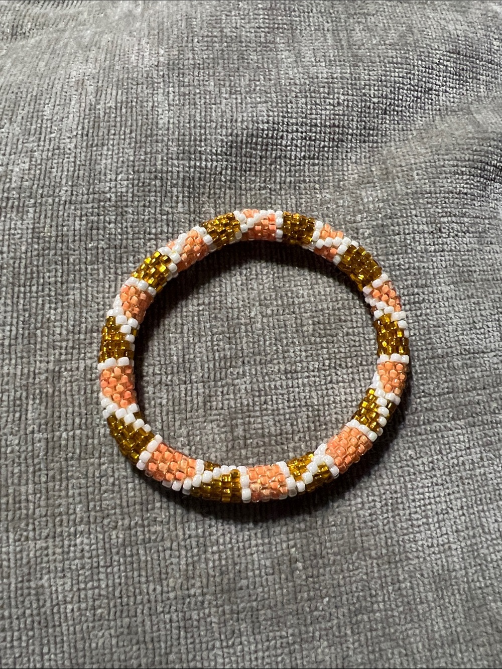 Handmade Seed Bead Bangle Bracelet in Gold, Peach & White